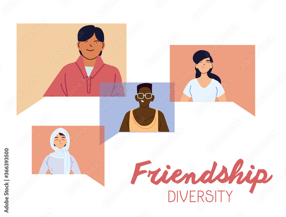 Women and men cartoons of cultural diversity in bubbles vector design