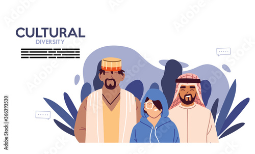 Men cartoons of cultural diversity with leaves vector design