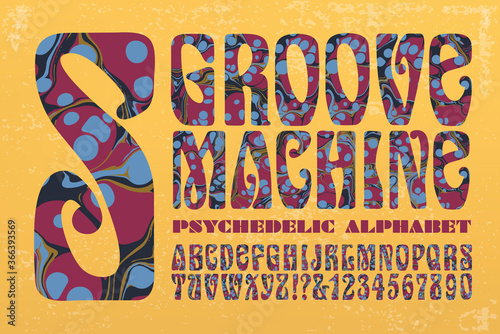 Groove Machine is a Psychedelic Alphabet with Swirly Ink Marbling Effects and a Vintage Grunge Background