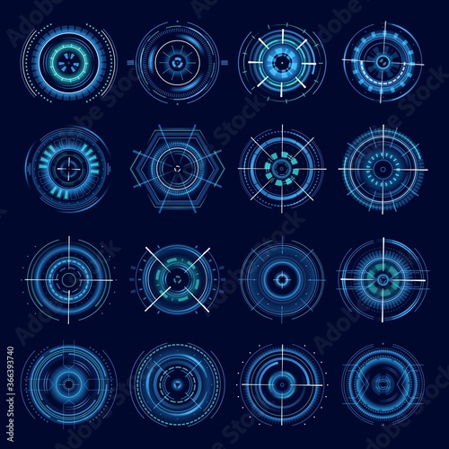 Futuristic military aims, vector optical aiming sci-fi spaceship crosshair, HUD user interface. Modern techno target screen elements, collimator sight, gun targets focus range indication sniper weapon