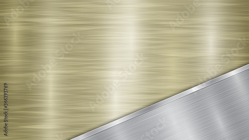Background consisting of a golden shiny metallic surface and one polished silver plate located in corner, with a metal texture, glares and burnished edge