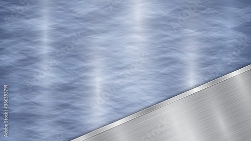Background consisting of a blue shiny metallic surface and one polished silver plate located in corner, with a metal texture, glares and burnished edge