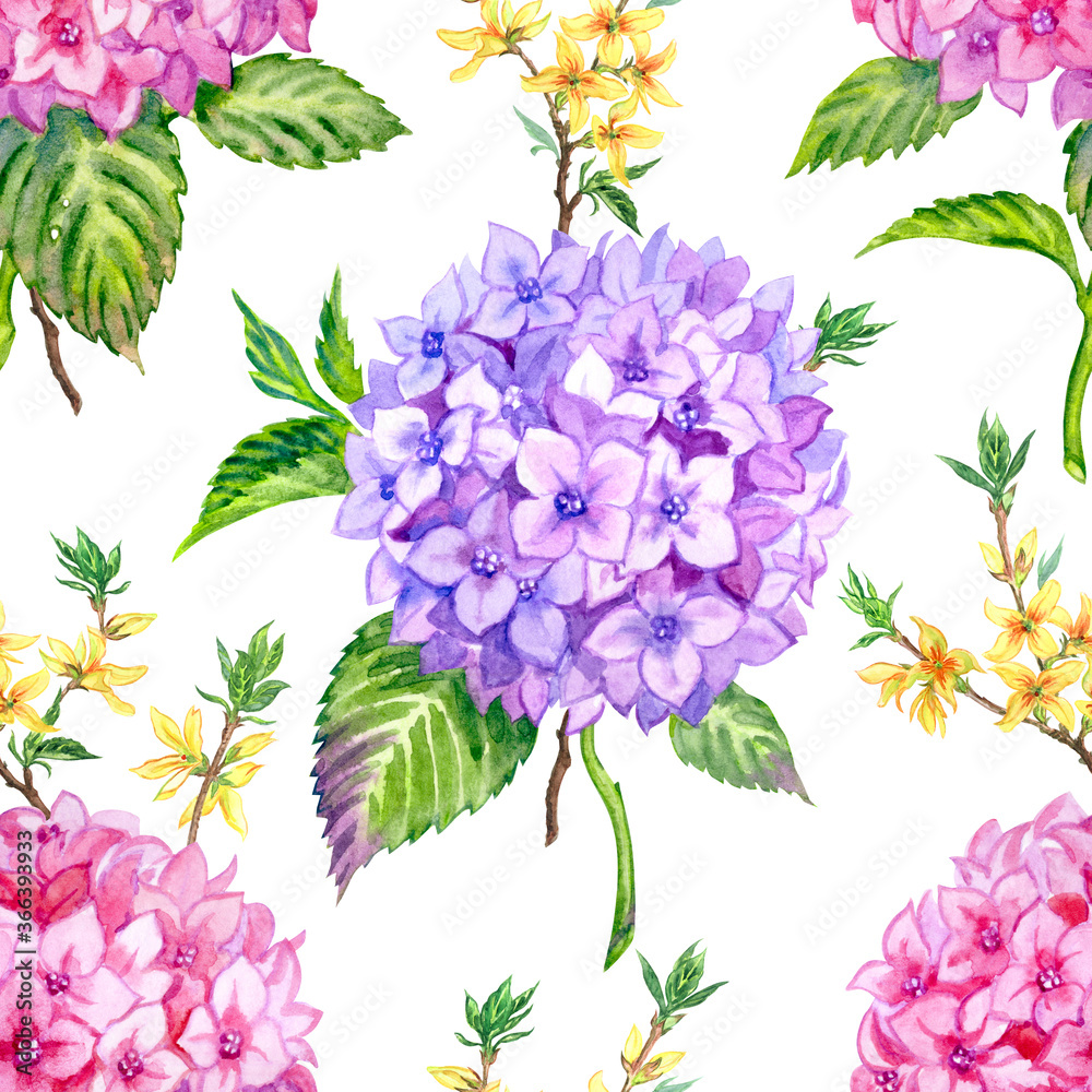 Φωτογραφία Hydrangea and forsythia seamless pattern on white background, watercolor illustration, flower print for fabric, wallpaper, wrapping paper and other designs