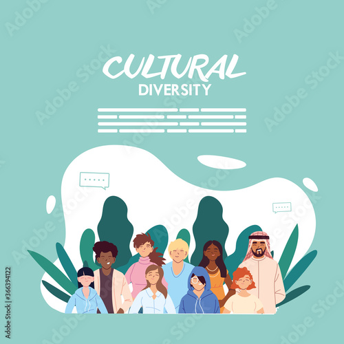 Women and men cartoons of cultural diversity with leaves vector design