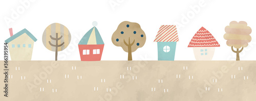 北欧風の家の街並のイラスト／背景／かわいい／素材／家