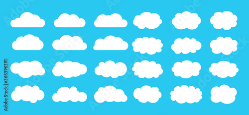 Cloud set flat cartoon style. Abstract white cloudy collection. Label, symbol, shape different clouds sky. Nature weather elements. Isolated on blue background vector illustration