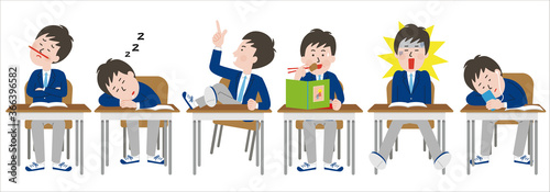 席につくふまじめな男子学生のセット