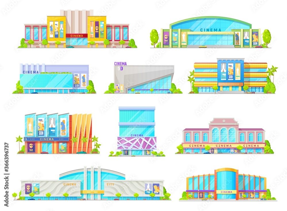 Cinema or movie theater building vector icons of house exterior facades with entrances, marquees, billboards and street with trees, car parking, neon lights. Entertainment industry architecture design