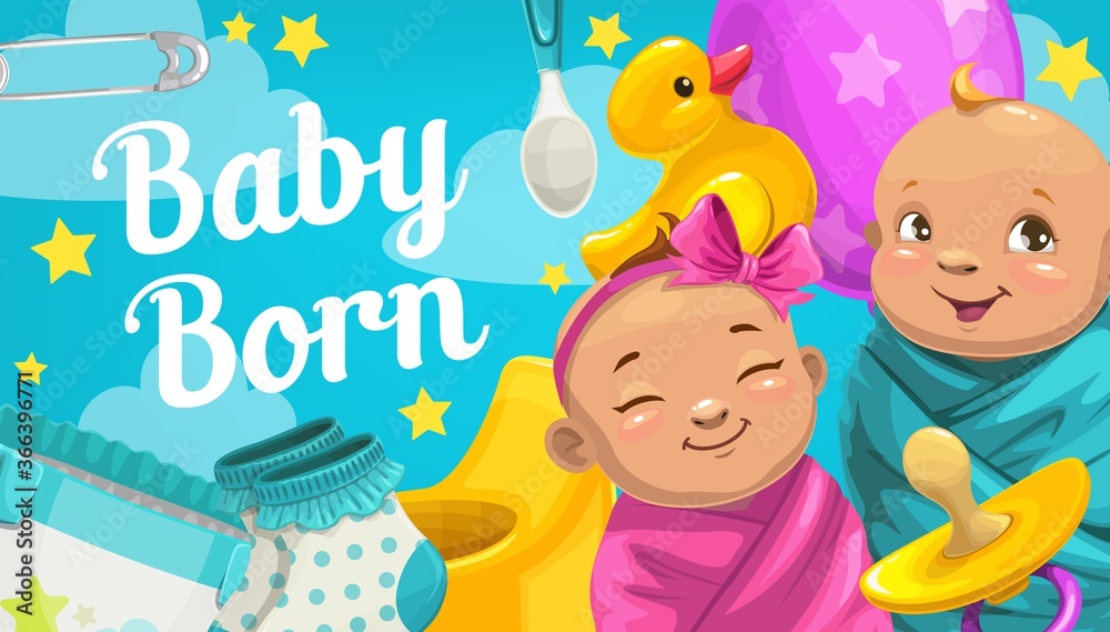 Naklejka premium Newborn baby boy and girl with kids accessories vector design. Baby shower greeting card with diaper, pacifier and spoon, swaddling clothes, potty, pin and socks, rubber duck and ballon