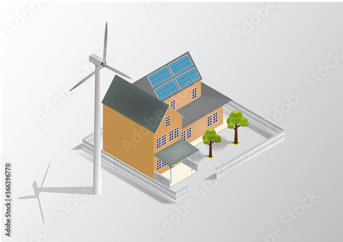 Isometric Green Eco Friendly House With Solar Panel and Windmill.