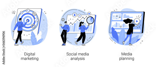 Digital marketing abstract concept vector illustration set. Social media analysis, media planning, online PPC campaign, digital agency, corporate website, engagement and ROI abstract metaphor.