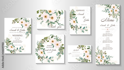 Wedding invitation, menu, information, label, card design with  gently pink watercolor flowers. Template set. Vector illustration. 