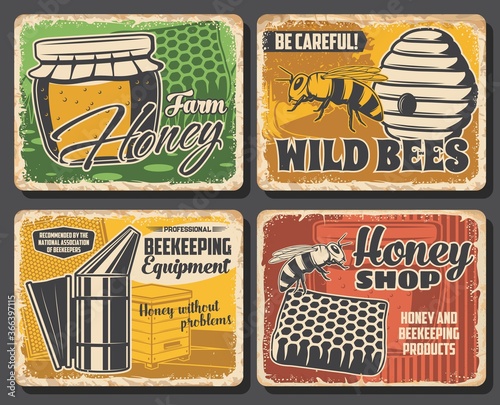 Honey and bee retro posters of vector beekeeping farm food. Apiary and wild bee beehives, honey jar and honeycomb, beekeeper smoker, frame and drops of sweet nectar, apiculture design