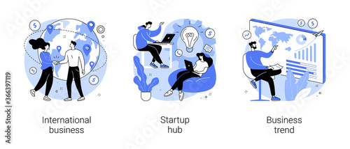 Business idea abstract concept vector illustration set. International business, startup hub, business trend analysis, entrepreneur, IT innovation, partnership, startup incubator abstract metaphor.