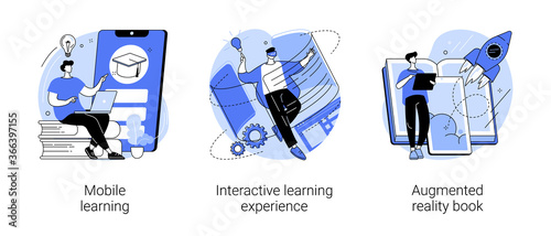 Interactive learning abstract concept vector illustration set. Mobile learning, augmented reality book, m-learning application, e-learning platform software, digital content abstract metaphor.