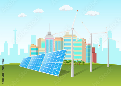 Solar panels and windmill in front of the city skyline