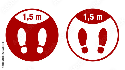 Wait Here or Stand Here and Keep a Safe Distance of 1,5 Metres Round Floor Marking Sticker with Shoeprints for Queue Line or Other Purposes Requiring Social Distancing. Vector Image.