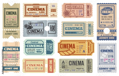 Cinema or movie theater ticket vector templates. Admit one coupons, admission tickets or pass flyers for movie festival event with retro cinema projectors, film reels and strip frames