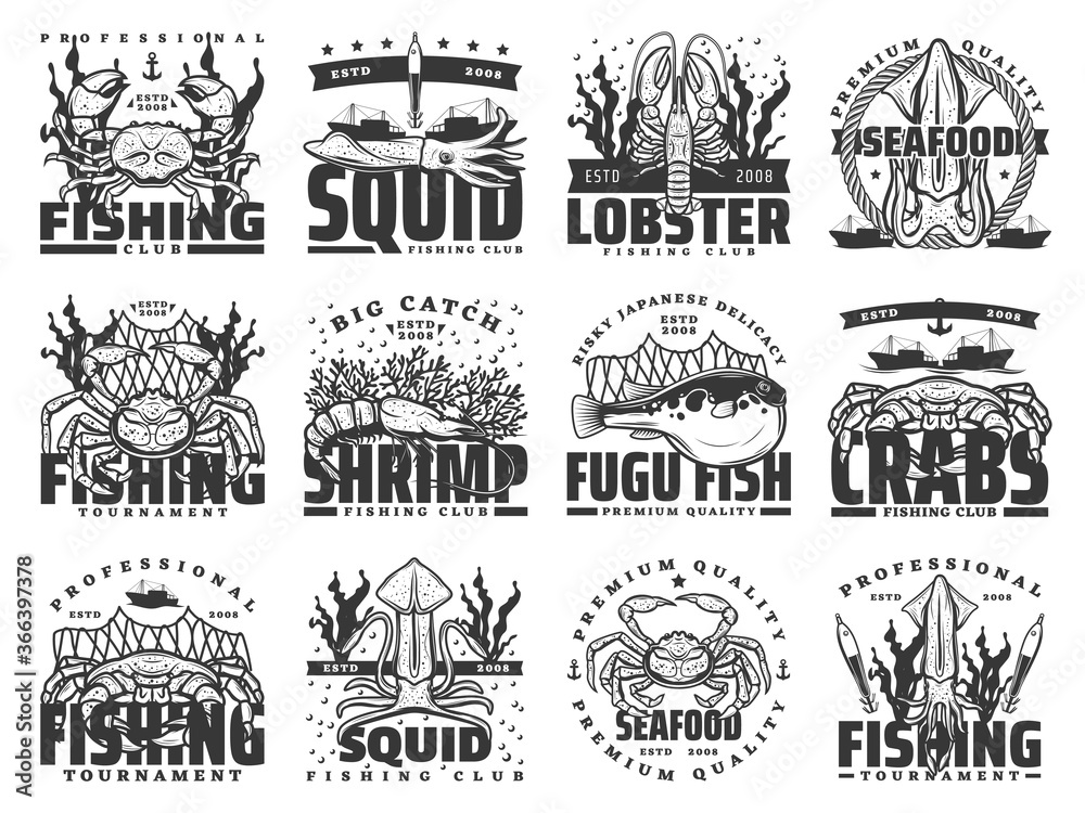 Fishing sport, fish and seafood isolated vector icons. Crab, squid, lobster, shrimp or prawn and fugu fish, fishing boat, net and fisherman tackle, anchor and seaweed monochrome symbols