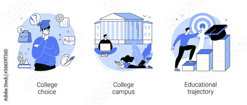 Student life abstract concept vector illustration set. College choice, college campus, educational trajectory, assessment test, graduation, campus tour, university events, library abstract metaphor.