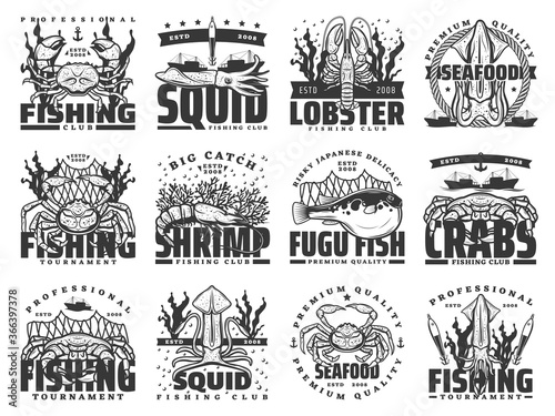 Fishing sport, fish and seafood isolated vector icons. Crab, squid, lobster, shrimp or prawn and fugu fish, fishing boat, net and fisherman tackle, anchor and seaweed monochrome symbols