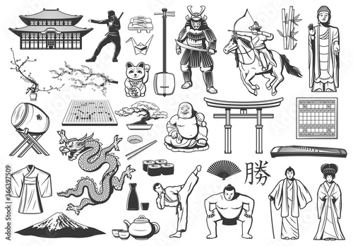Japan vector icons with food, religion and culture symbols, Japanese sushi and Fuji mountain, pagoda and geisha, bonsai, origami, fan and samurai, dragon, kimono, sake and tea, sakura, Buddha