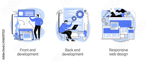 Web development agency abstract concept vector illustration set. Front and back end development, responsive web design, website interface, coding and programming, user experience abstract metaphor.
