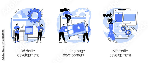 Webpage programming abstract concept vector illustration set. Website, landing page, microsite development, layout, front and back end, design template, menu bar, user experience abstract metaphor.
