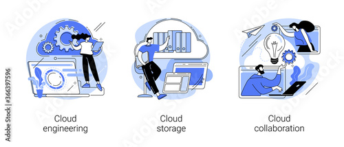 Cloud-based computing abstract concept vector illustration set. Cloud engineering, storage and collaboration, hosted data storage, database security, remote business solutions abstract metaphor.