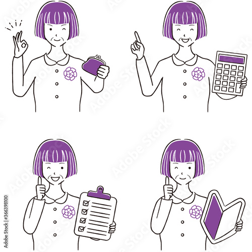 手描き1color シニアのおかっぱの女性 4ポーズ