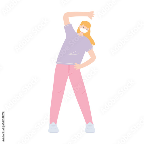 young woman with medical mask practicing exercise, prevention coronavirus covid 19