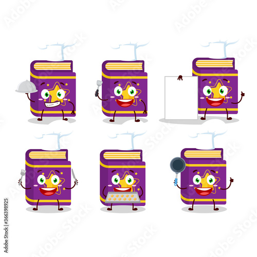 Cartoon character of magic book with various chef emoticons