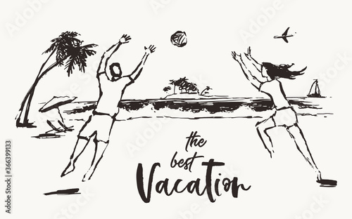 Girl guy play volleyball beach activities vacation