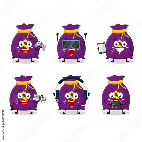 Magic money sack cartoon character are playing games with various cute emoticons