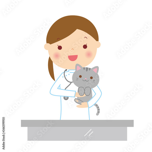 女性獣医さんに抱っこされる猫のイラスト