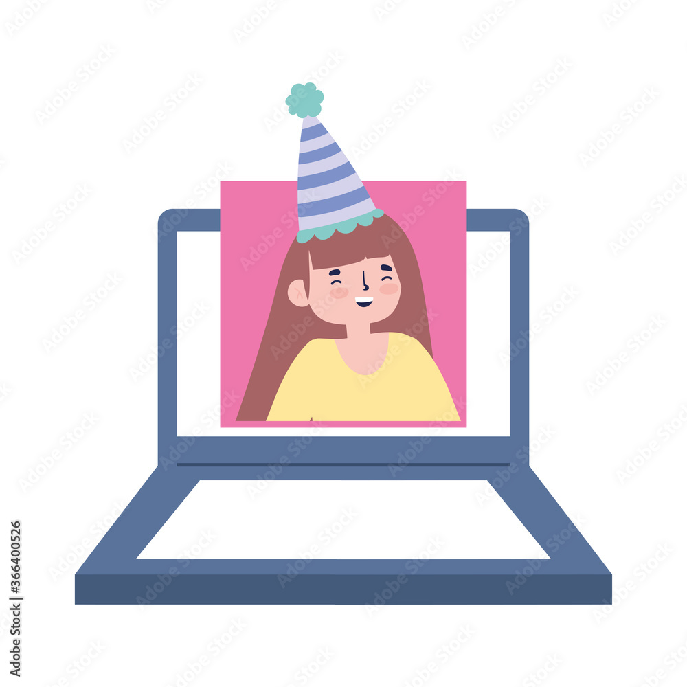 online party, meeting friends, woman computer celebrating event online party, meeting friends, woman computer celebrating event