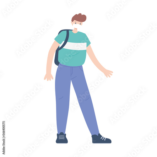 young man with medical mask and backpack isolated design icon