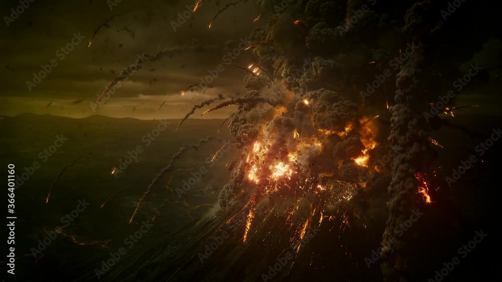 Closeup of spectacular volcanic eruption and explosion, thick smoke billowing, lava boulders thrown from the gray cloud, wide-angle lens