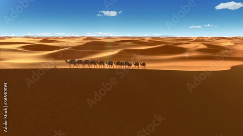 People and camel caravan walking on the dunes under scorching sun, golden Sahara desert landscape, panning shot photo