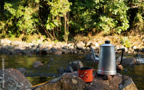 breakfast on the river, prepare coffee picnic, campsite lifestyle, metal mug
