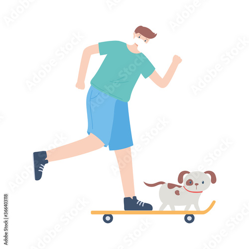 people with medical face mask, man riding skate with dog, city activity during coronavirus