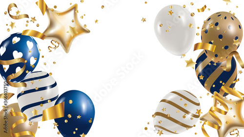Luxury Gold foil balloons with confetti and Festive ribbon in white background.  3d realistic vector illustration for anniversary, birthday, sale and promotion,  party design element.