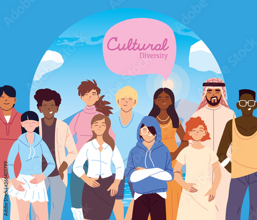 Women and men cartoons in front of world of landscape diversity vector design