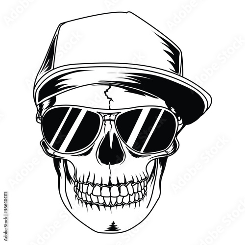 artwork illustration and t-shirt design black and white hand drawn cool skull with cool hat and black glasses premium vector
