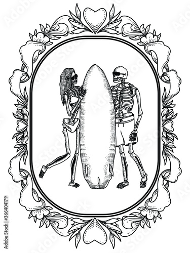 tattoo and t-shirt design black and white hand drawn couple skeleton with surf board in frame premium vector