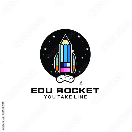 pencil rocket launch with fire flame. logo vector for kids, children, education, school startup, illustration