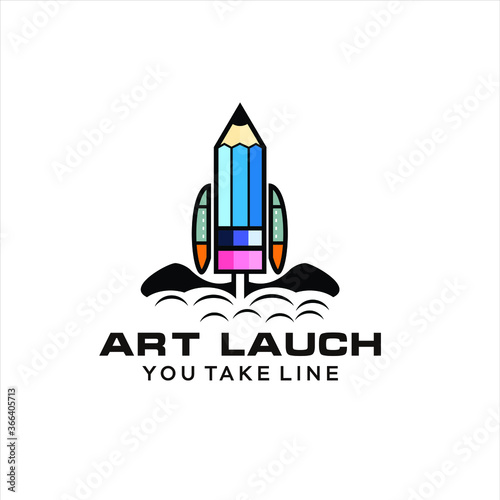pencil rocket launch with fire flame. logo vector for kids, children, education, school startup, illustration