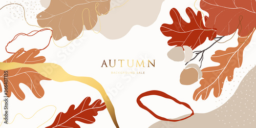 Autumn and gold background vector. Minimalistic style wallpaper with autumn element and abstract shape.