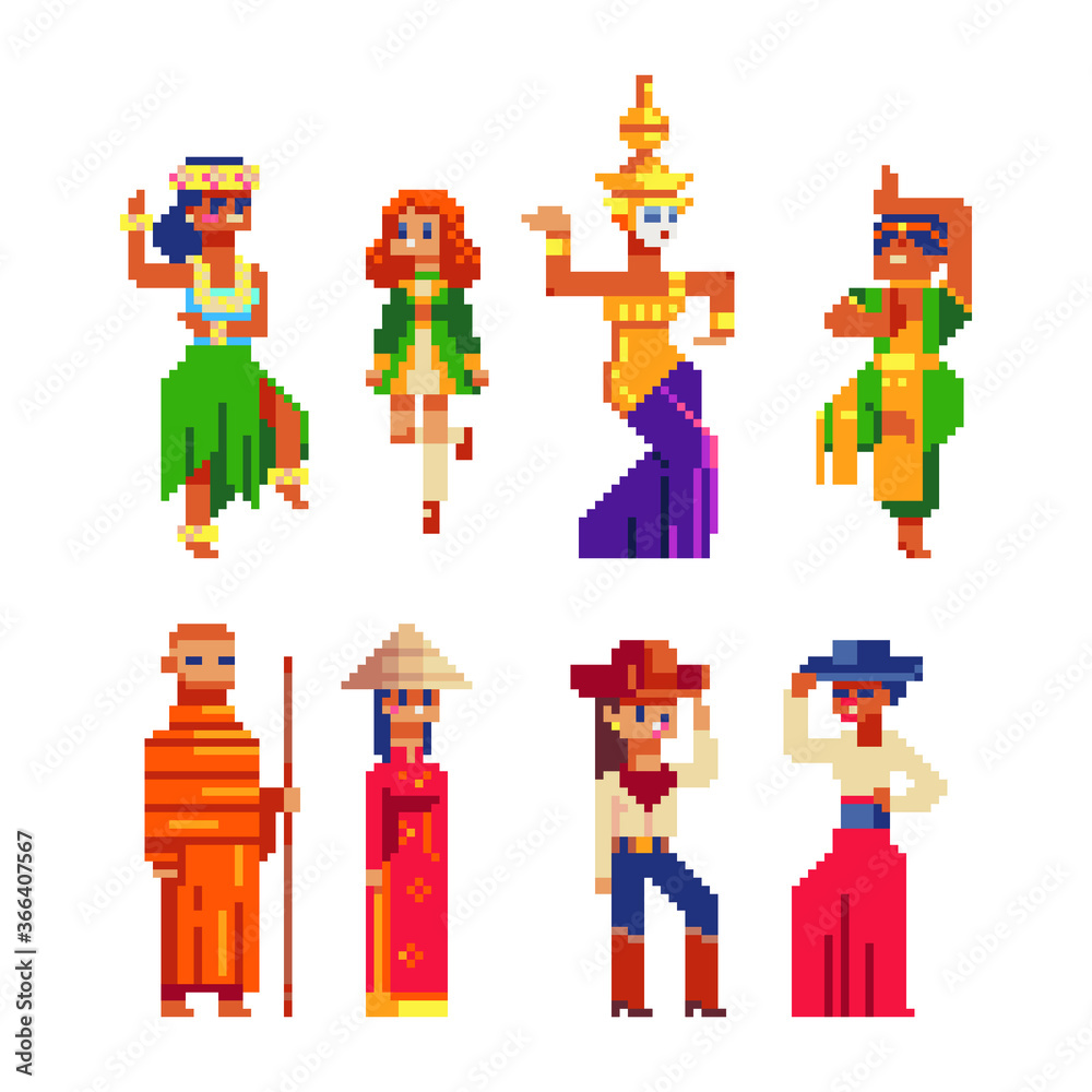 People in traditional costume set. Pixel art character from Thailand man, Thai and Indian woman, dancer, monk, cowboy. Isolated vector illustration. 8-bit. Design for stickers, logo, app.
