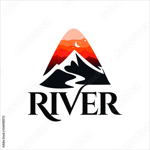 river logo simple mountain creek and sunset sky nature hill vector design template 
